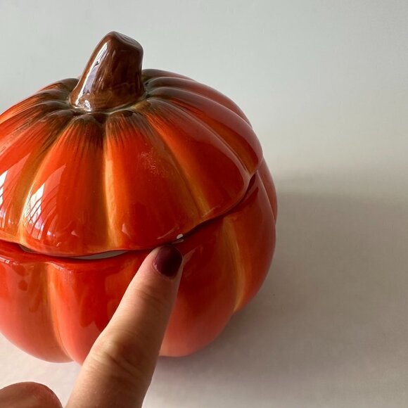 FTD 6 1/2 inch Orange Ceramic Fall Halloween Pumpkin Cookie Jar Decoration - Picture 3 of 6